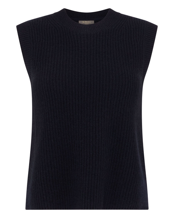 N.Peal Women's Rib Round Neck Cashmere Tank Top Navy Blue