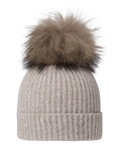 N.Peal Unisex Ribbed Cashmere Hat With Detachable Pom Basilica Beige Brown Marl