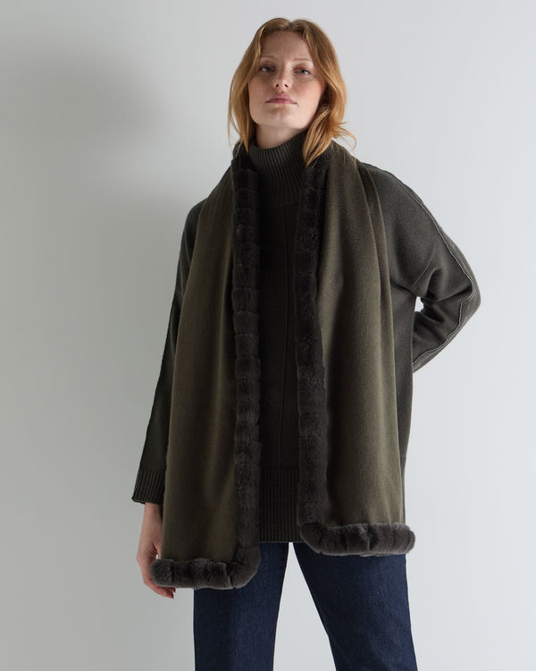 N.Peal Women's Meribel Woven Fur Trim Scarf Arabica Khaki Green
