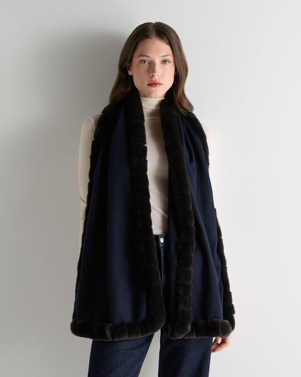 N.Peal Women's Meribel Woven Fur Trim Scarf Navy Blue