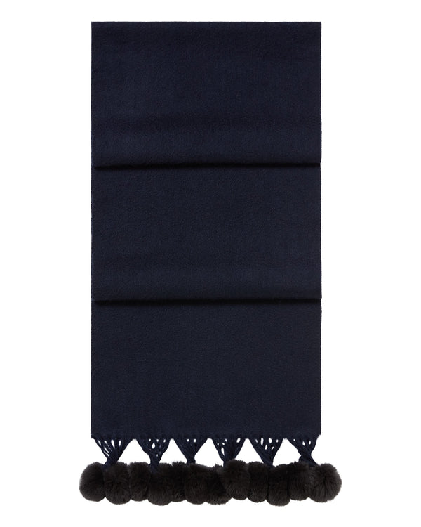 N.Peal Women's Davos Fur Bobble Cashmere Scarf Navy Blue