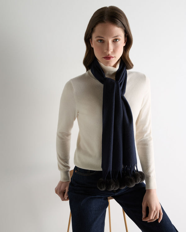 N.Peal Women's Davos Fur Bobble Cashmere Scarf Navy Blue