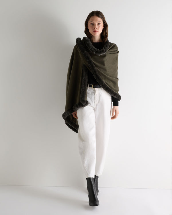 N.Peal Women's Meribel Woven Fur Trim Cashmere Shawl Arabica Khaki Green