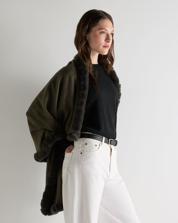 N.Peal Women's Meribel Woven Fur Trim Cashmere Shawl Arabica Khaki Green