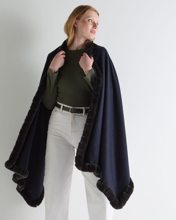 N.Peal Women's Meribel Woven Fur Trim Cashmere Shawl Navy Blue