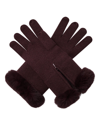 N.Peal Women's Fur Trim Cashmere Gloves Claret Red
