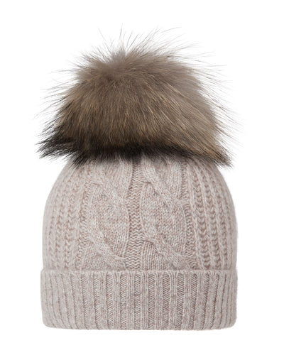 N.Peal Unisex Chunky Cable Cashmere Pom Hat Basilica Beige Brown Marl