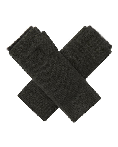N.Peal Unisex Fur Lined Fingerless Cashmere Gloves Arabica Khaki Green