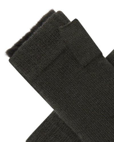 N.Peal Unisex Fur Lined Fingerless Cashmere Gloves Arabica Khaki Green
