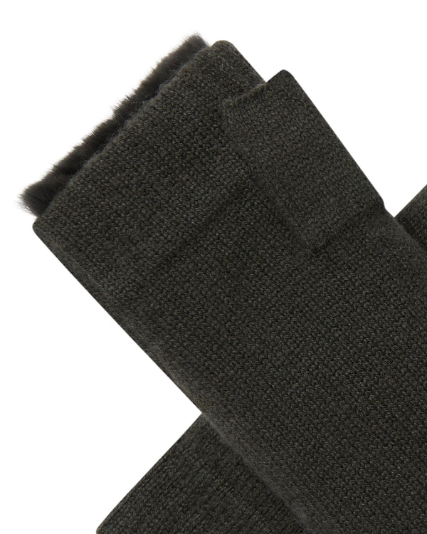 N.Peal Unisex Fur Lined Fingerless Cashmere Gloves Arabica Khaki Green