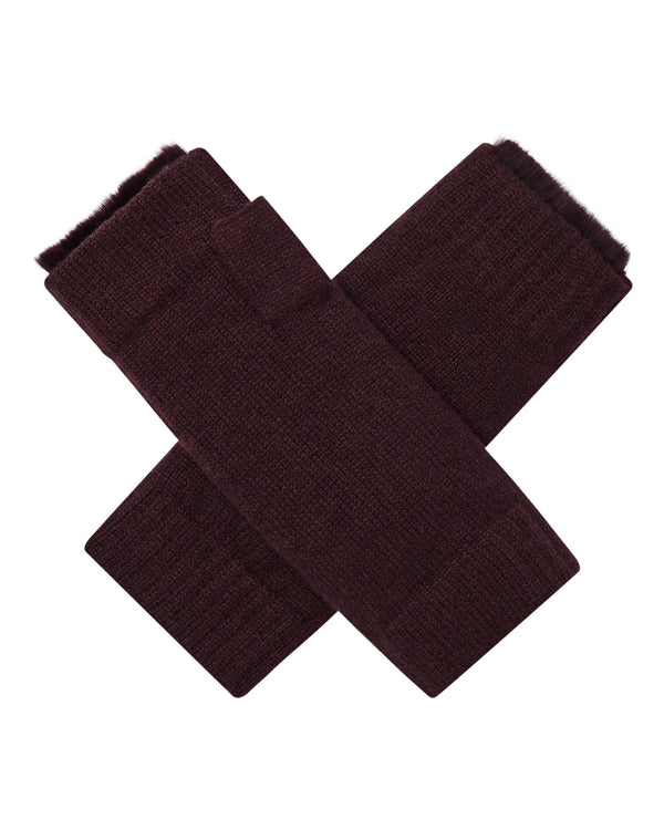 N.Peal Unisex Fur Lined Fingerless Cashmere Gloves Claret Red