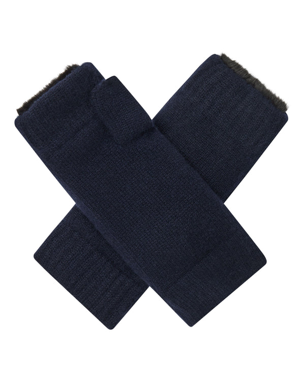 N.Peal Unisex Fur Lined Fingerless Cashmere Gloves Navy Blue