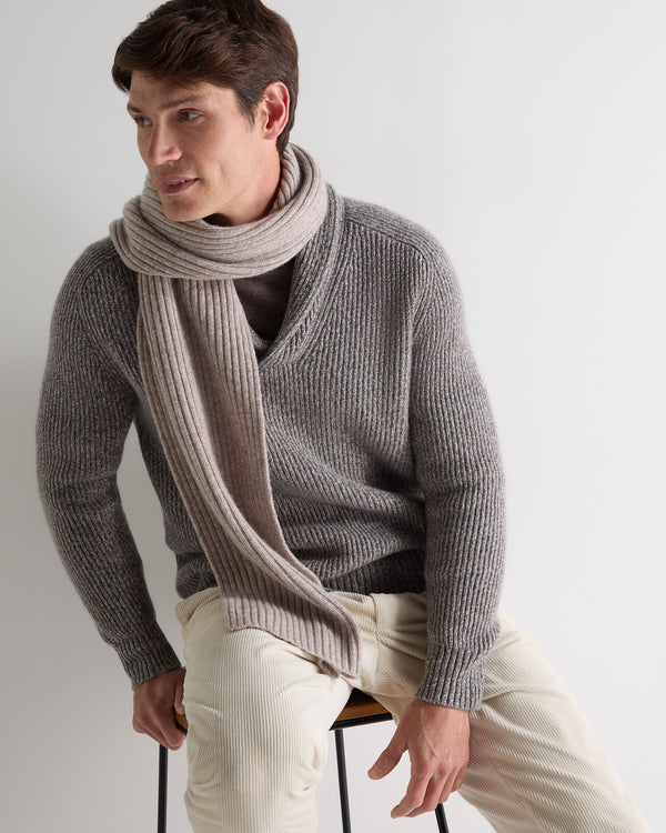 N.Peal Unisex Chunky Rib Cashmere Scarf Basilica Beige Brown Marl