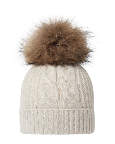 N.Peal Women's Cable Cashmere Hat With Fur Pom Ash Grey Marl