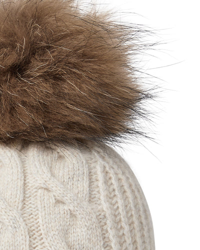 N.Peal Women's Cable Cashmere Hat With Fur Pom Ash Grey Marl