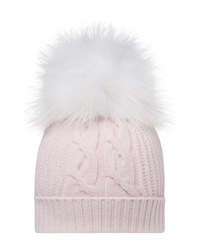N.Peal Women's Cable Cashmere Hat With Fur Pom Chalk Pink