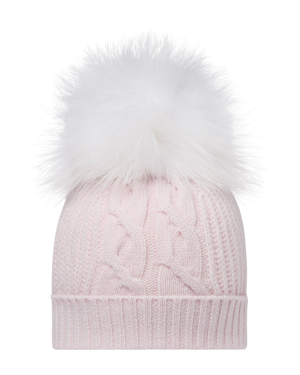 N.Peal Women's Cable Cashmere Hat With Fur Pom Chalk Pink