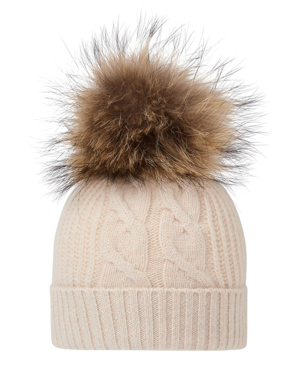 N.Peal Women's Cable Cashmere Hat With Fur Pom Ecru White