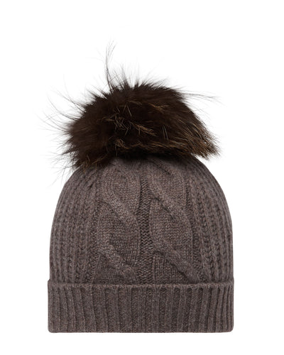 N.Peal Women's Cable Cashmere Hat With Fur Pom Otter Brown