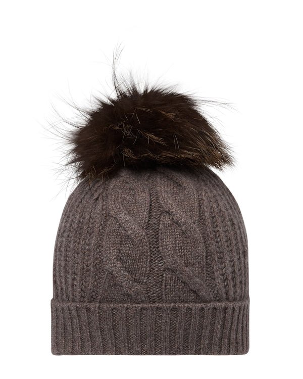 N.Peal Women's Cable Cashmere Hat With Fur Pom Otter Brown