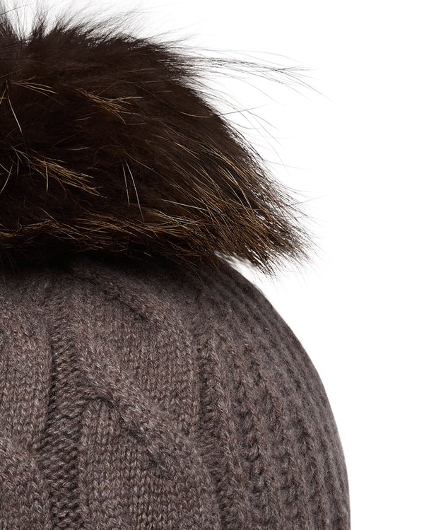 N.Peal Women's Cable Cashmere Hat With Fur Pom Otter Brown