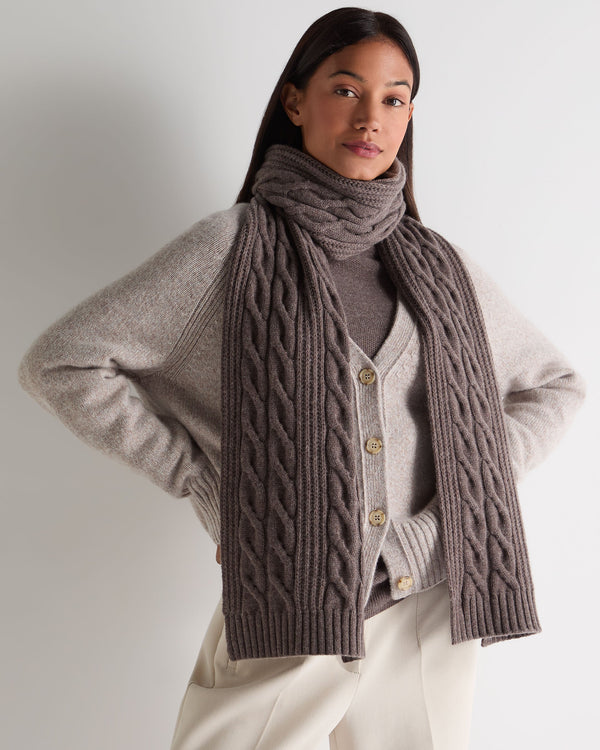 N.Peal Women's Cable Rib Cashmere Scarf Otter Brown