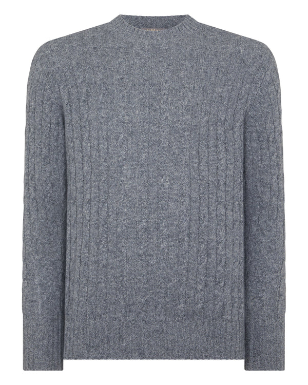 N.Peal Men's Thames Cable Round Neck Cashmere Jumper Grey Melange