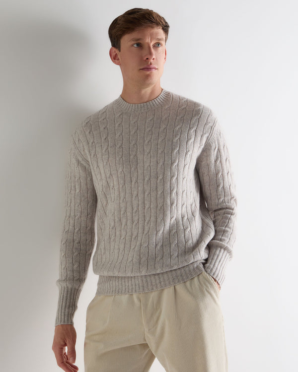 N.Peal Men's Thames Cable Round Neck Cashmere Jumper Nougat Brown Marl