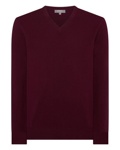 N.Peal Men's Burlington V Neck Cashmere Jumper Bordeaux Red
