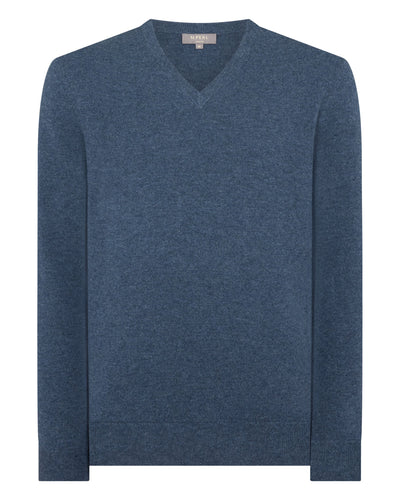 N.Peal Men's Burlington V Neck Cashmere Jumper Light Denim Blue