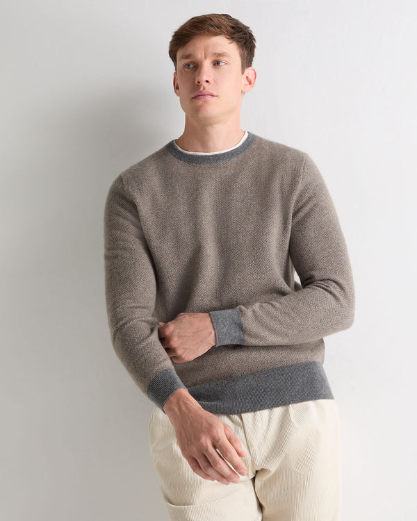 N.Peal Men's Oxford Herringbone Round Neck Cashmere Jumper Smoky Herringbone Grey