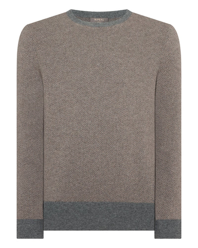 N.Peal Men's Oxford Herringbone Round Neck Cashmere Jumper Smoky Herringbone Grey