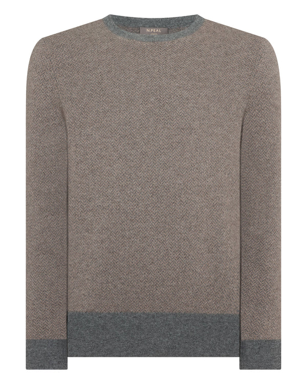 N.Peal Men's Oxford Herringbone Round Neck Cashmere Jumper Smoky Herringbone Grey