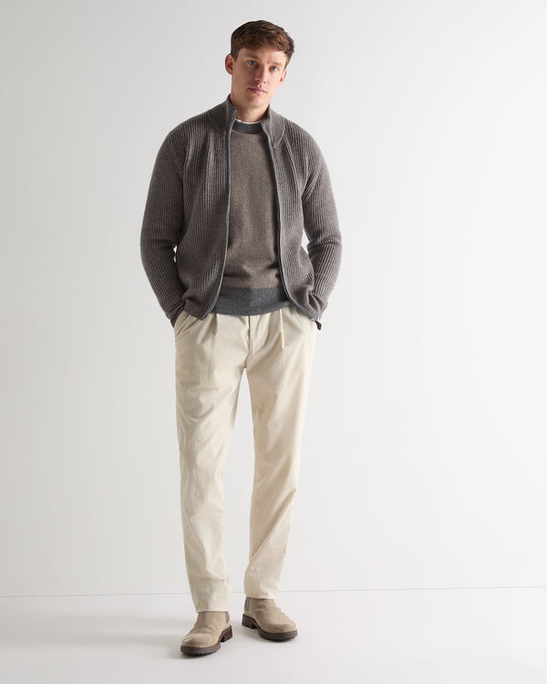 N.Peal Men's Oxford Herringbone Round Neck Cashmere Jumper Smoky Herringbone Grey