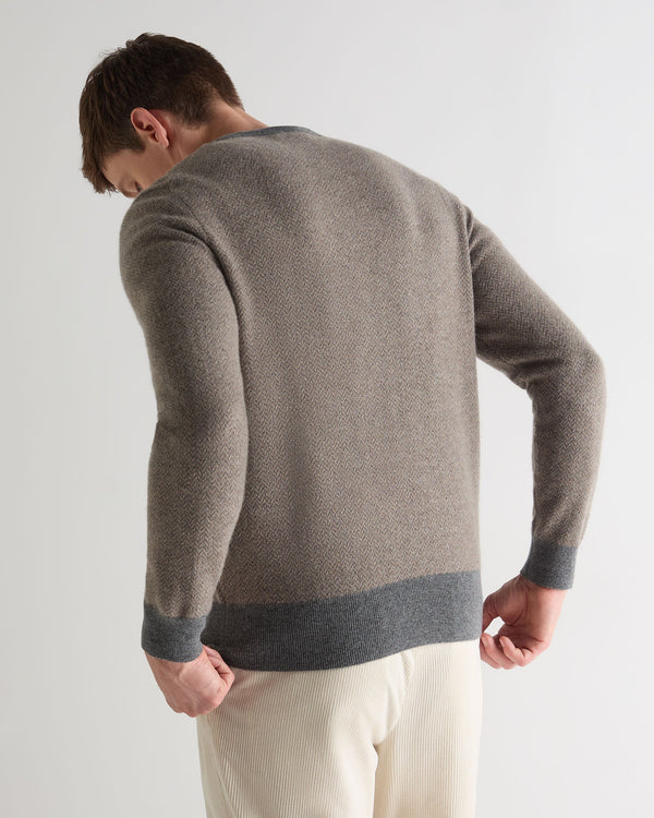 N.Peal Men's Oxford Herringbone Round Neck Cashmere Jumper Smoky Herringbone Grey