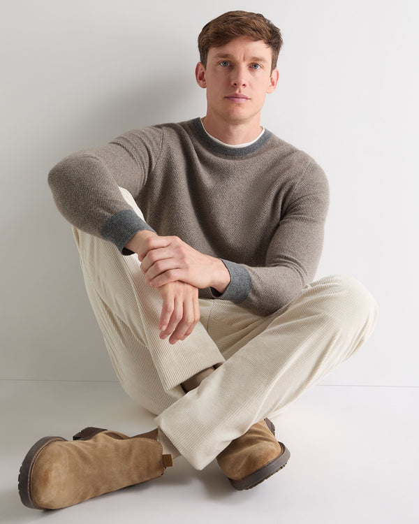 N.Peal Men's Oxford Herringbone Round Neck Cashmere Jumper Smoky Herringbone Grey