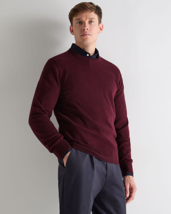 N.Peal Men's Oxford Round Neck Cashmere Jumper Bordeaux Red