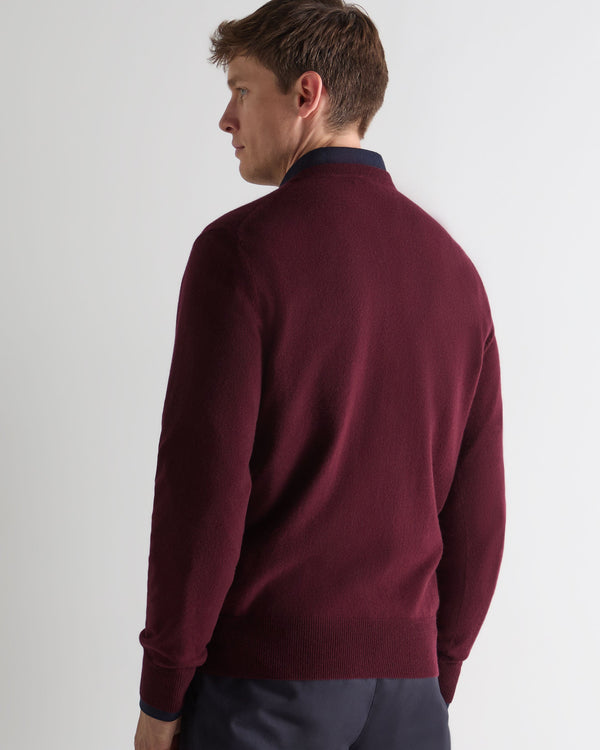 N.Peal Men's Oxford Round Neck Cashmere Jumper Bordeaux Red