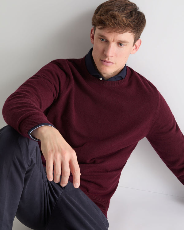 N.Peal Men's Oxford Round Neck Cashmere Jumper Bordeaux Red