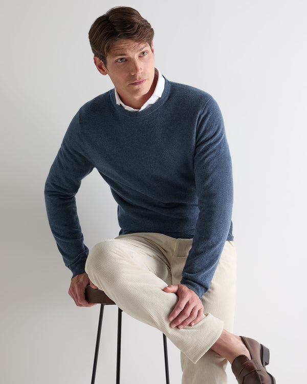 N.Peal Men's Oxford Round Neck Cashmere Jumper Light Denim Blue