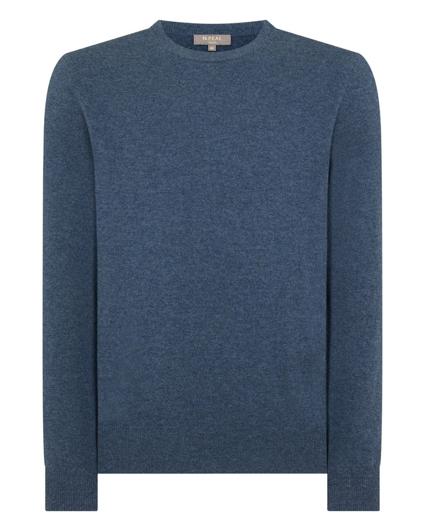 N.Peal Men's Oxford Round Neck Cashmere Jumper Light Denim Blue