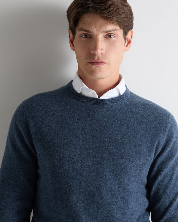 N.Peal Men's Oxford Round Neck Cashmere Jumper Light Denim Blue