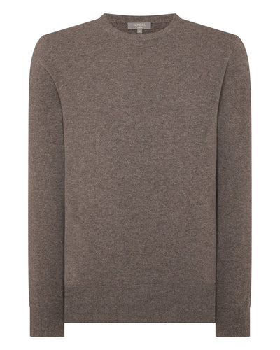 N.Peal Men's Oxford Round Neck Cashmere Jumper Otter Brown