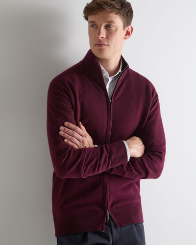 N.Peal Men's Knightsbridge Full Zip Cashmere Jumper Bordeaux Red