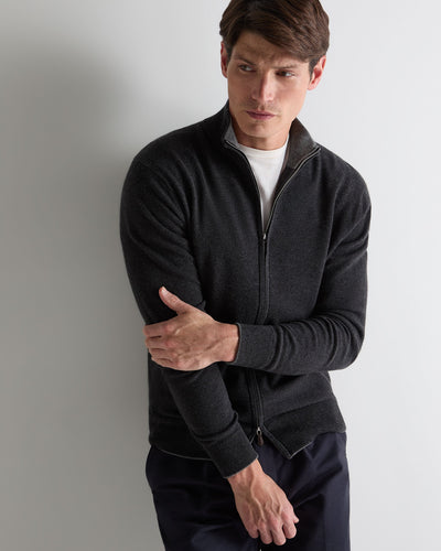 N.Peal Men's Knightsbridge Full Zip Cashmere Jumper Deep Charcoal Grey