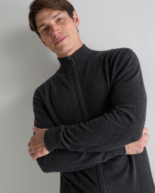 N.Peal Men's Knightsbridge Full Zip Cashmere Jumper Deep Charcoal Grey
