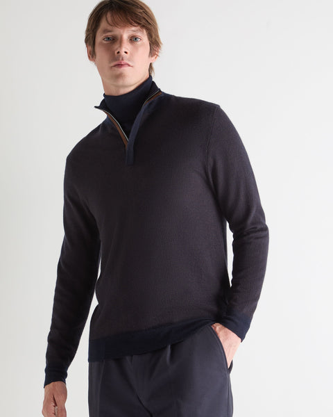 Men's Regent Houndstooth Fine Gauge Cashmere Half Zip Sweater Navy