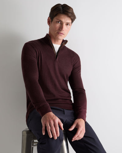N.Peal Men's Regent Fine Gauge Cashmere Half Zip Jumper Claret Red