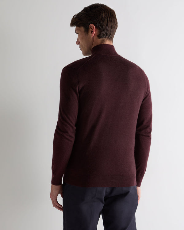 N.Peal Men's Regent Fine Gauge Cashmere Half Zip Jumper Claret Red