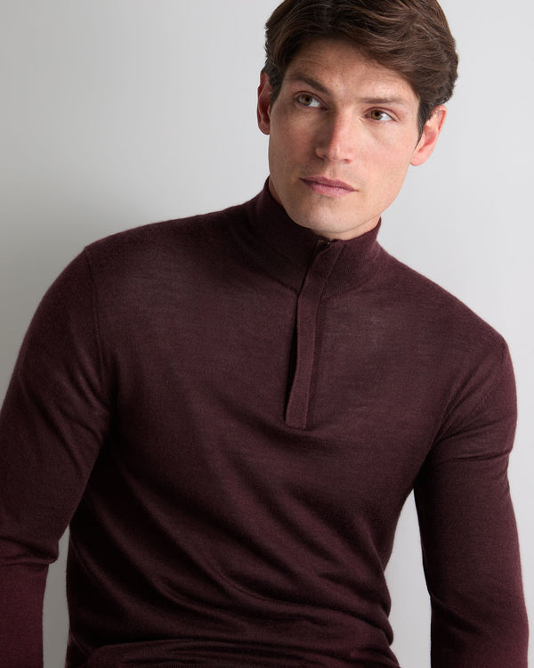 N.Peal Men's Regent Fine Gauge Cashmere Half Zip Jumper Claret Red